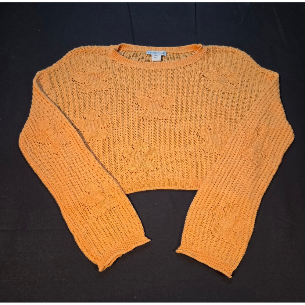 Sincerely Jules Orange Floral Pointelle Cropped Boho Knit Womens M
